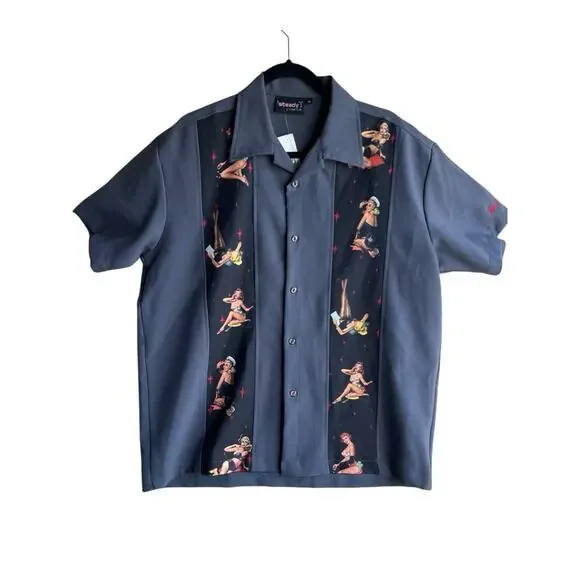 Vintage Steady Last Call Men's Shirt M Short Sleeve Gray Button Pinup Girls - Picture 12 of 12